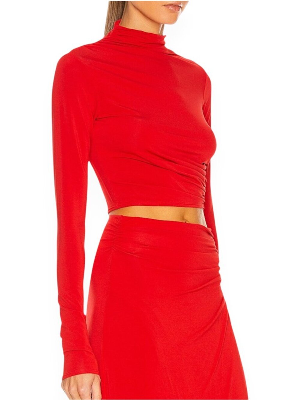 A.L.C. Skylar Pompeian Red Ruched Long Sleeve High Mock Neck Cropped Top NWT XS